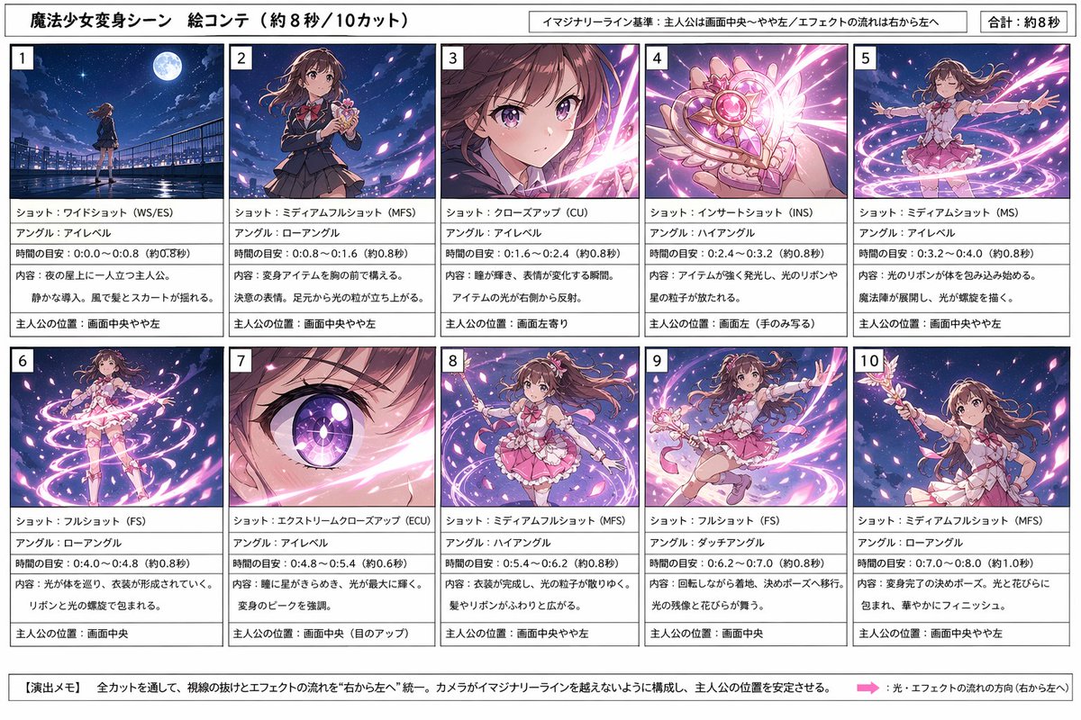 Magical Girl Transformation Storyboard Qwen Image prompt example: This prompt generates a professional Japanese anime storyboard sheet with 10 labeled transformation panels,...