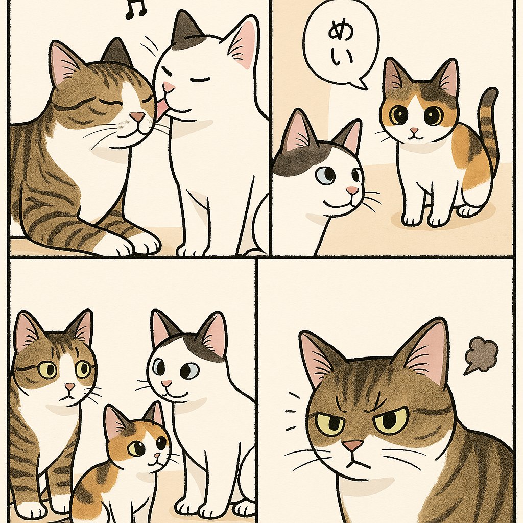 Cute Four-Panel Cat Jealousy Comic Qwen Image prompt example: This prompt generates a warm, hand-drawn four-panel cat comic ideal for social posts, manga-style humor, or cozy pet...