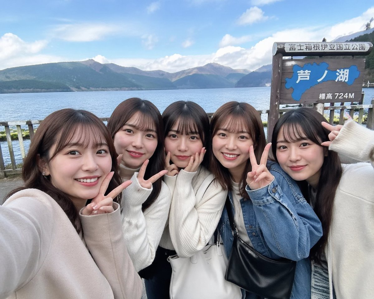 Realistic Friends Trip Selfie at Lake Ashi GPT Image 2 prompt example variation 2: Generates a realistic smartphone-style group travel selfie of Japanese college women at a...