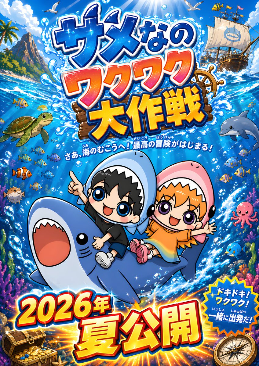 Chibi Shark Adventure Movie Poster のQwen Imageプロンプト例: A colorful Japanese-style anime poster for a children’s ocean adventure film, ideal for recreating bold promotional key art...