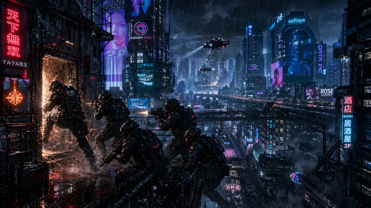Cyberpunk Rooftop Breach Raid Qwen Image 프롬프트 예시: This prompt generates a dramatic wide cyberpunk action scene of a five-person tactical team breaching a door on a rainy neon-lit...
