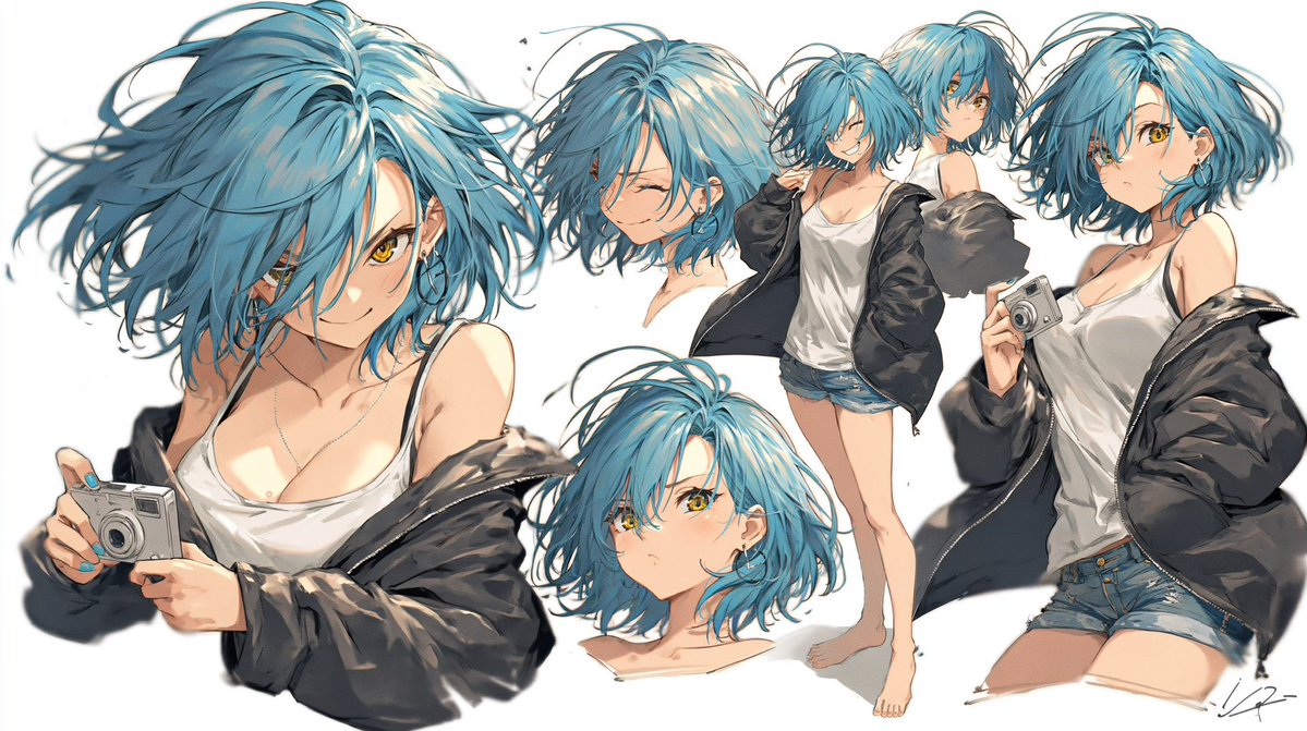 Blue-Haired Anime Character Sheet Qwen Image prompt example: This prompt generates a white-background anime character collage with multiple portraits and poses, useful for...