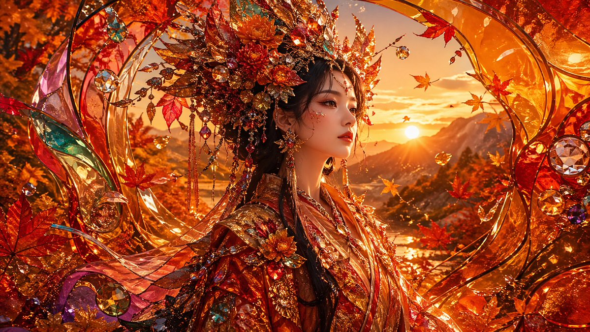 Opulent Autumn Empress at Sunset Qwen Image prompt example: This prompt generates a blazing, jewel-encrusted autumn fantasy portrait suited for dramatic showcase art and...
