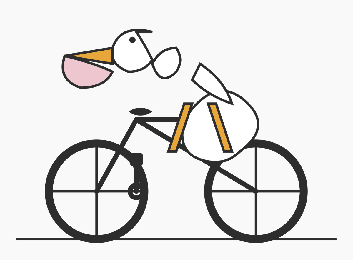 Geometric Bird Riding Bicycle 的 Qwen Image 提示词示例图:This prompt generates a clean minimalist vector illustration of a stylized bird cyclist, suitable for playful editorial...