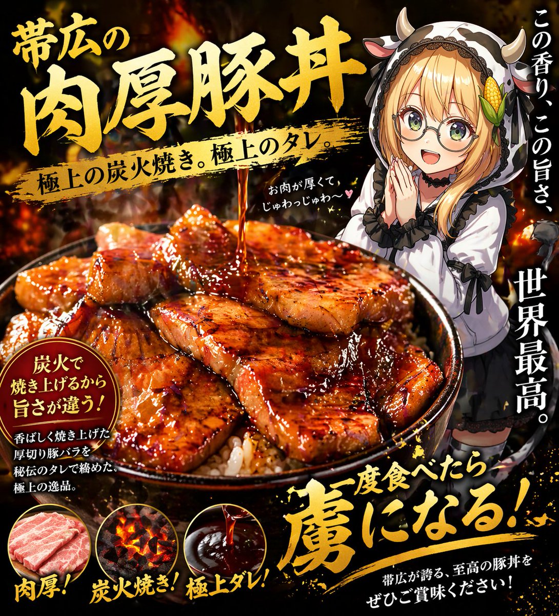 Fiery Butadon Japanese Ad Poster Qwen Image 프롬프트 예시: This prompt generates a dramatic Japanese restaurant-style flyer for a thick-cut charcoal-grilled pork bowl, ideal for food...
