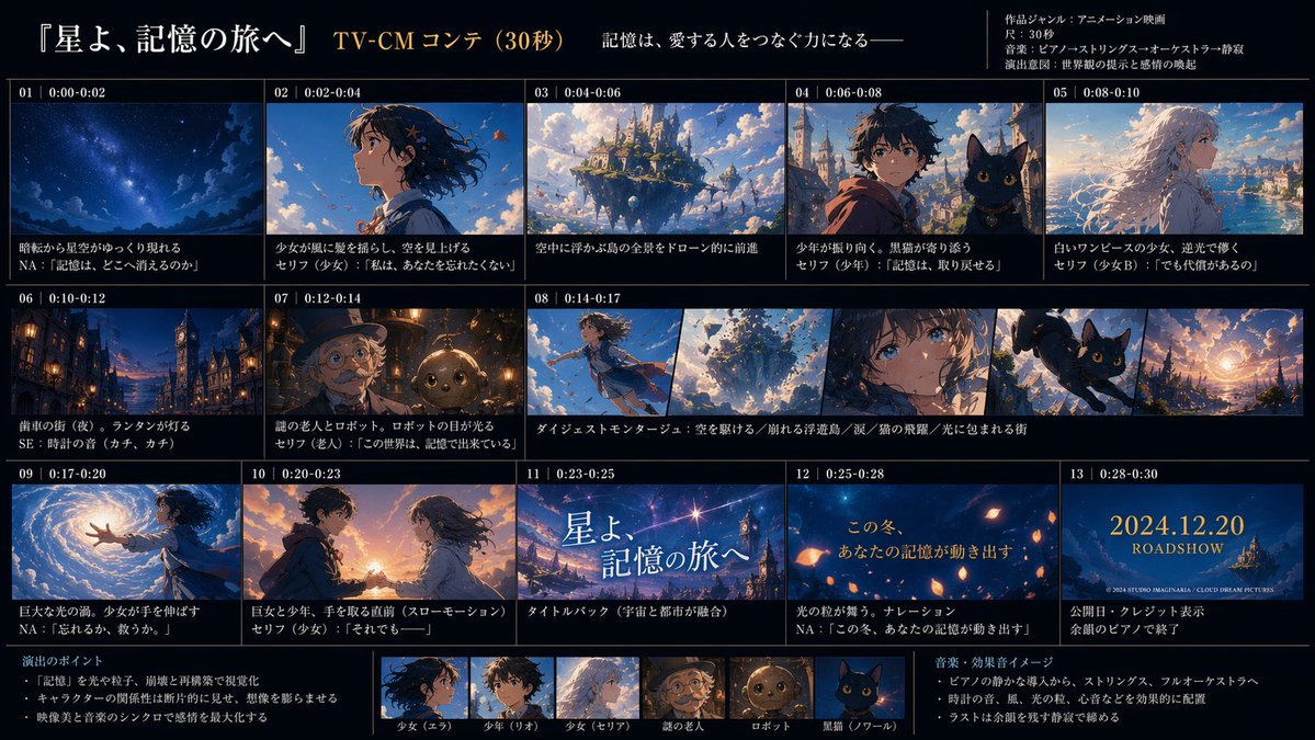 Anime TV CM Storyboard Sheet GPT Image 2 prompt example: A polished Japanese anime commercial storyboard page for pitching a 30-second fantasy film trailer, useful for...