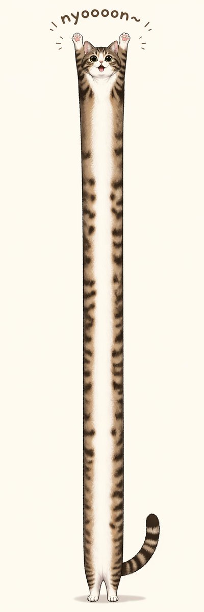 Long Stretching Tabby Cat Qwen Image 프롬프트 예시: A cute surreal cat illustration designed for memes, stickers, or social posts featuring an impossibly elongated standing tabby on a...
