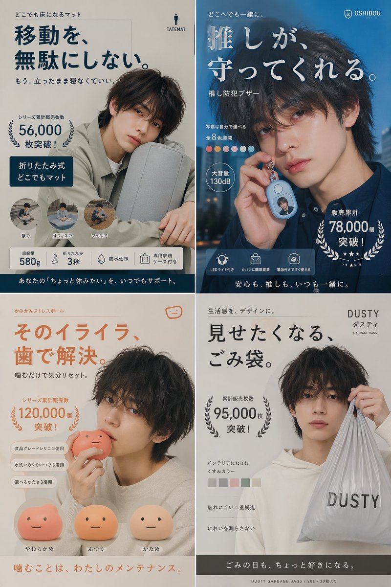 Japanese Ikemen Product Ad Grid Qwen Image 프롬프트 예시: A 2x2 collage of polished Japanese lifestyle product ads featuring the same handsome young man, ideal for recreating stylish...