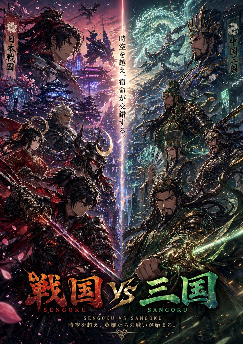 Sengoku vs Sangoku Crossover Poster 的 GPT Image 2 提示词示例图：A cinematic anime poster prompt for generating an epic crossover battle visual between Japanese Sengoku warlords and...