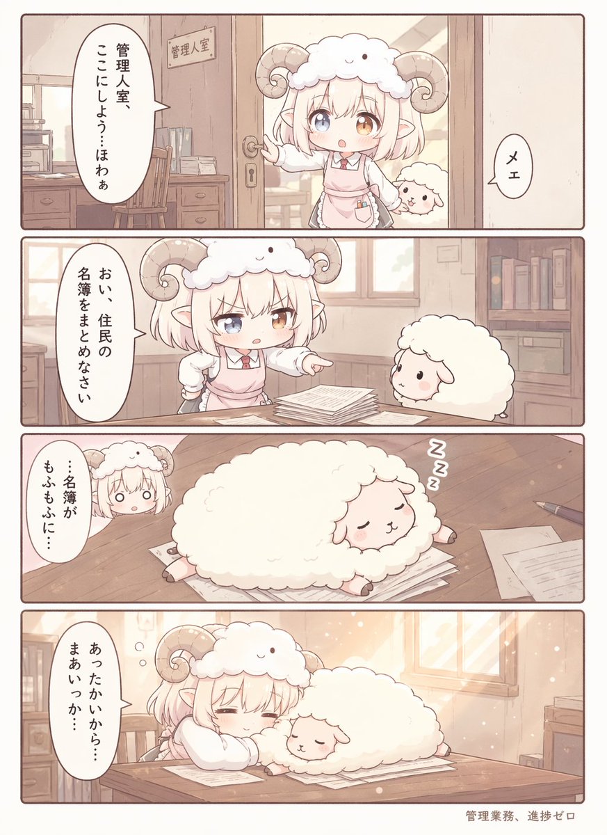 Cute Sheep Girl Office Manga Page GPT Image 2 prompt example variation 2: A four-panel pastel fantasy office manga page showing a sheep-horned clerk and a fluffy sheep turning...