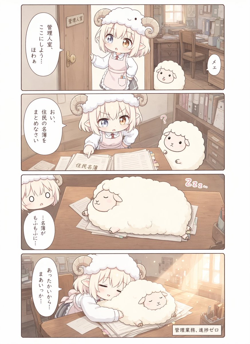 Cute Sheep Girl Office Manga Page GPT Image 2 prompt example variation 3: A four-panel pastel fantasy office manga page showing a sheep-horned clerk and a fluffy sheep turning...