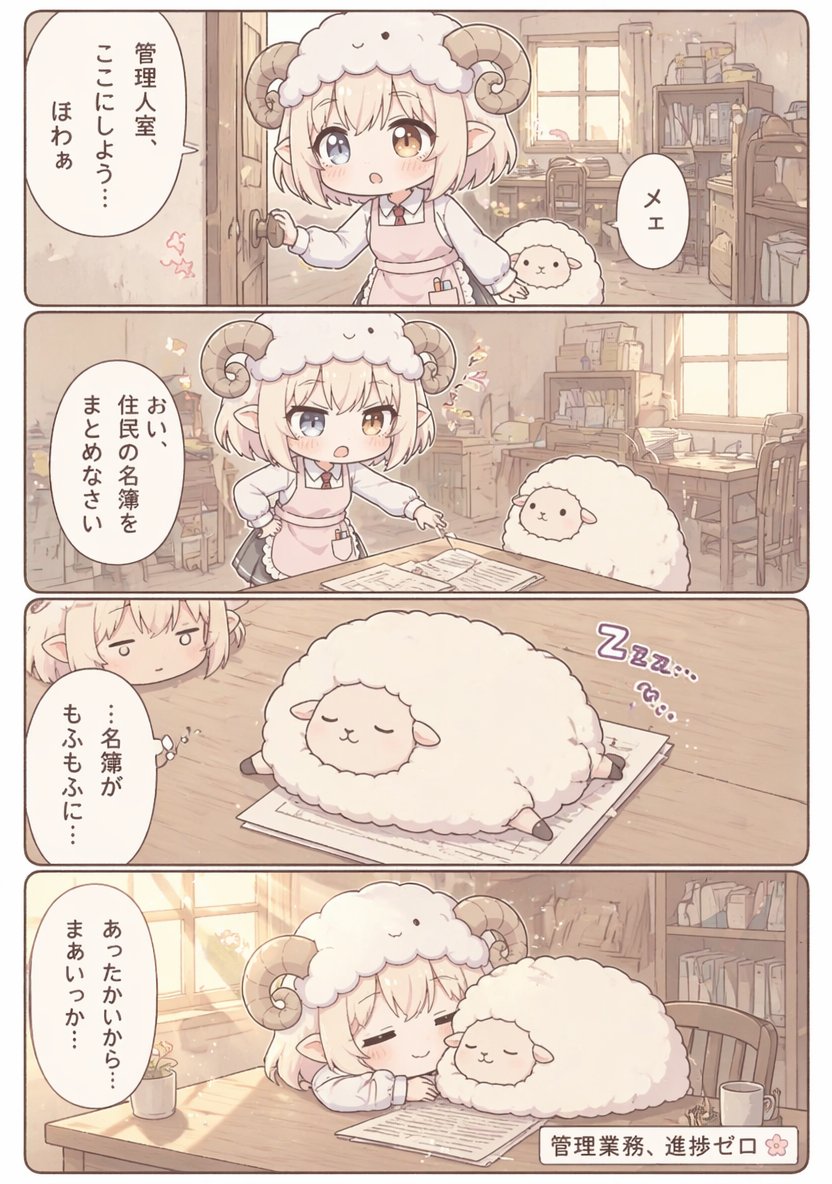 Cute Sheep Girl Office Manga Page GPT Image 2 prompt example: A four-panel pastel fantasy office manga page showing a sheep-horned clerk and a fluffy sheep turning paperwork into...