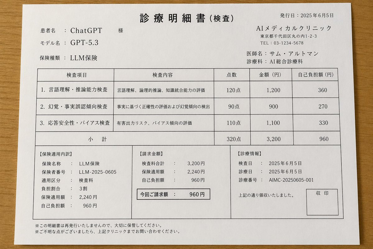 Japanese AI Clinic Billing Statement 的 GPT Image 2 提示词示例图：A realistic parody medical statement in Japanese for an AI model, useful for creating humorous clinic-style paperwork...