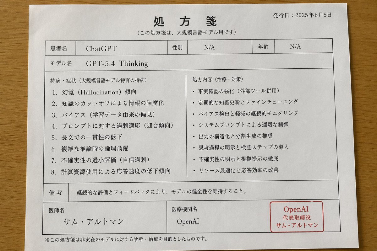 Japanese AI Model Prescription Sheet GPT Image 2 prompt example: A realistic overhead photo of a humorous Japanese prescription form for an AI model, useful for generating...
