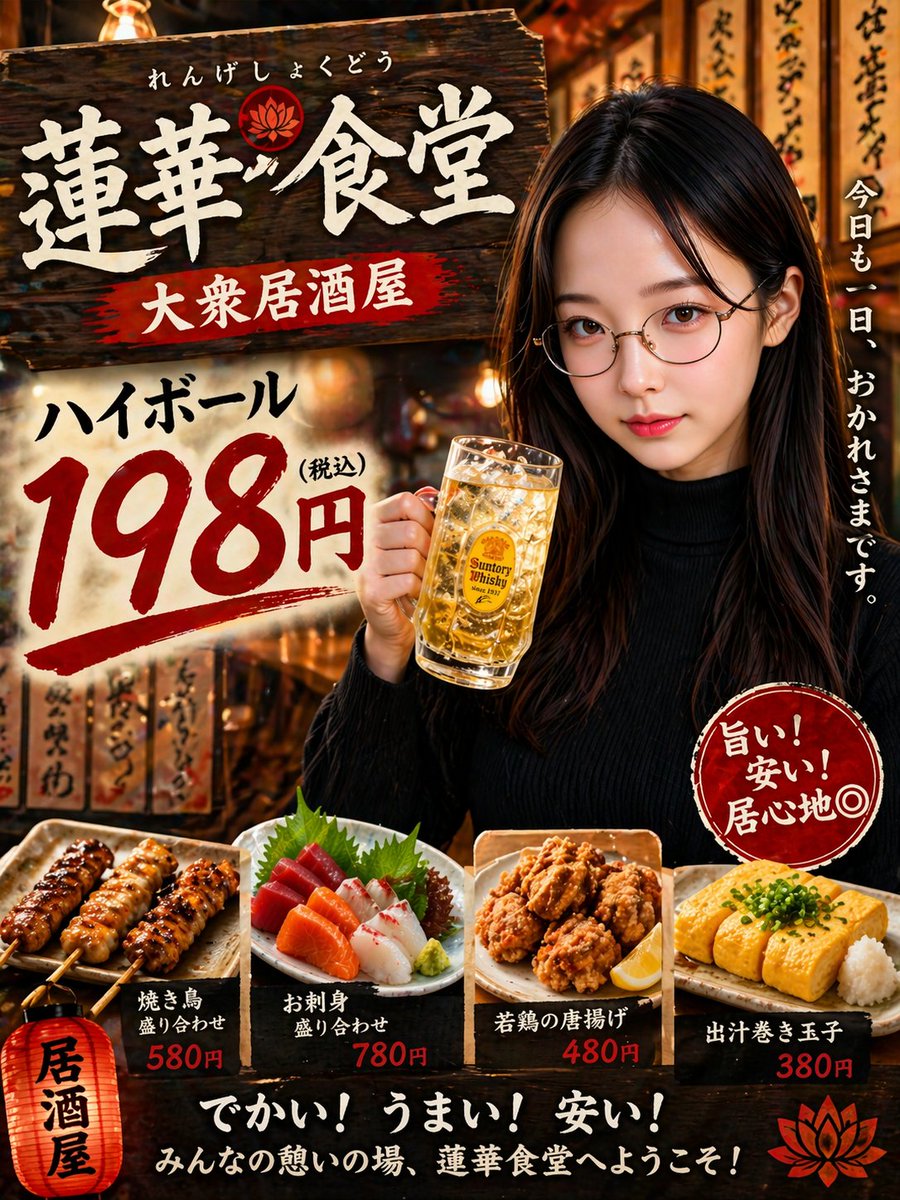 Japanese Izakaya Highball Poster のQwen Imageプロンプト例: This generates a photorealistic Japanese izakaya promotional poster featuring a woman holding a highball, bold pricing text,...