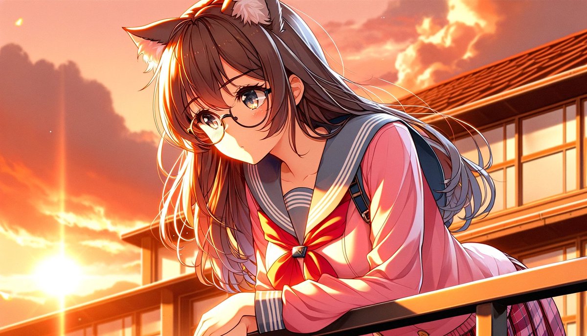 Sunset Catgirl School Rooftop Anime のQwen Imageプロンプト例: A cinematic anime-style rooftop portrait of a cat-eared schoolgirl at sunset, ideal for nostalgic key visuals, character...
