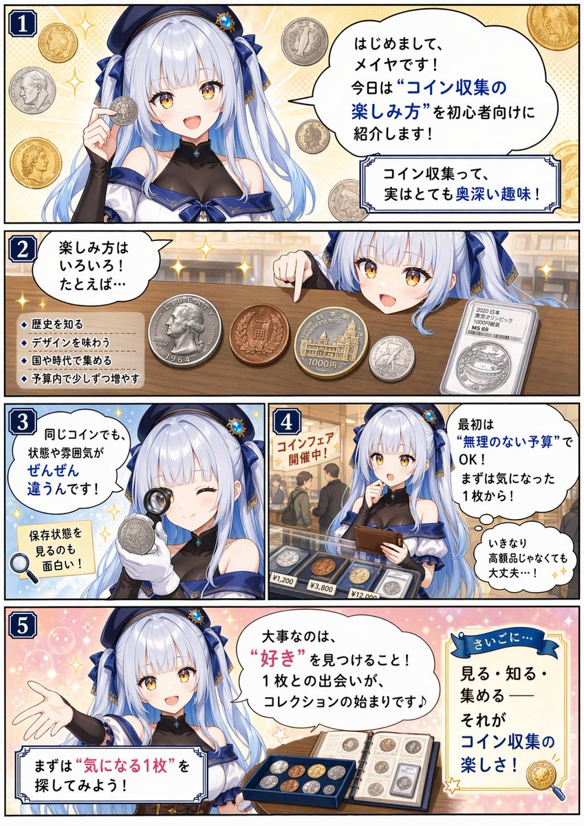 Beginner Coin Collecting Manga Page Qwen Image prompt example: A polished one-page anime manga introduces coin collecting to beginners, useful for educational social posts,...