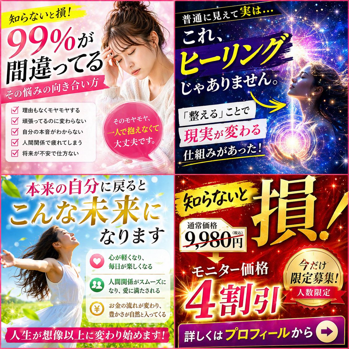 Japanese Four-Panel Healing Ad Collage Qwen Image 프롬프트 예시: A bold four-quadrant Japanese promotional thumbnail for coaching or self-improvement services, designed for social...