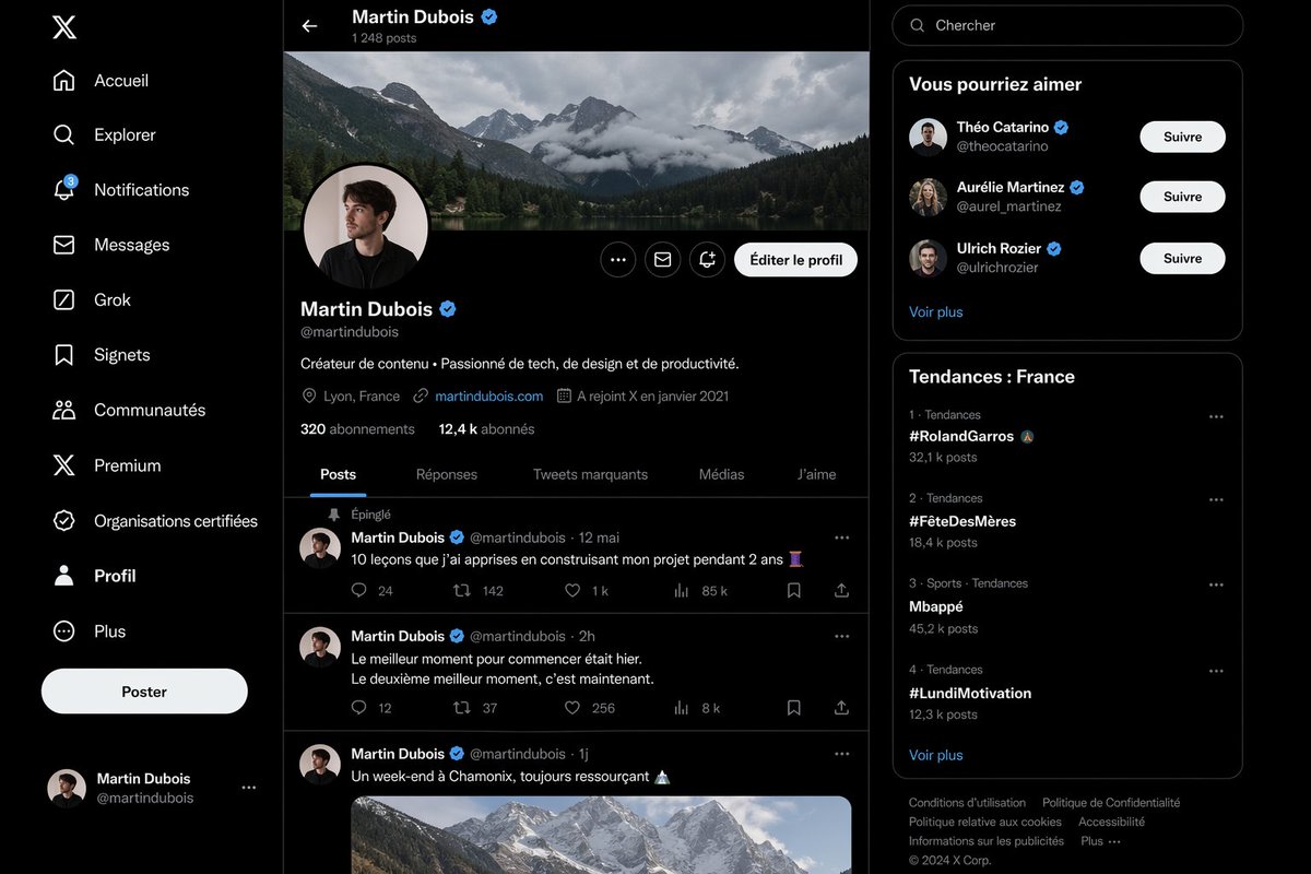 Realistic X Profile Page Mockup のQwen Imageプロンプト例: A photorealistic desktop X-style profile interface in French, useful for showcasing AI-generated social media UI screenshots...