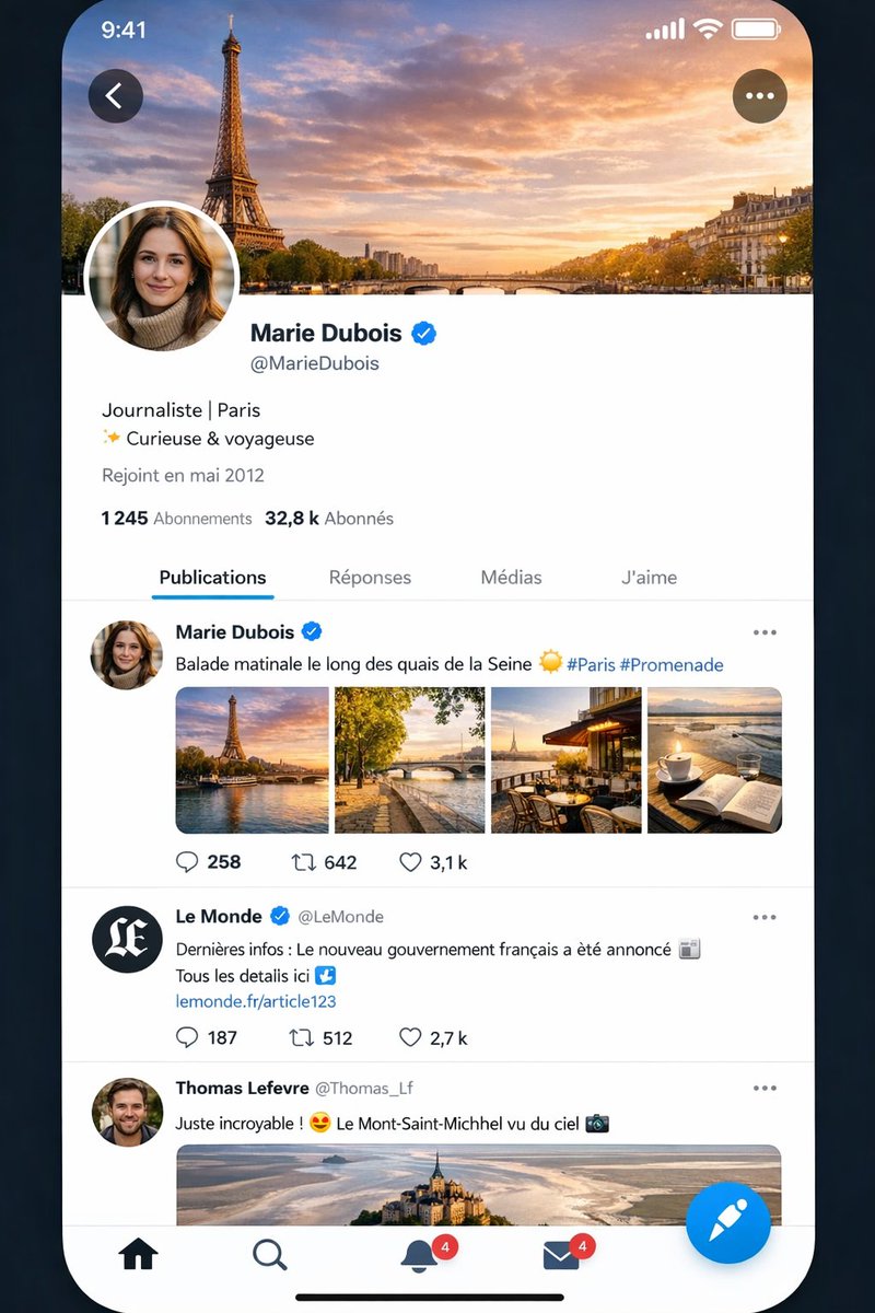 Realistic X-Style French Profile Screen 的 Qwen Image 提示词示例图:This prompt generates a highly believable iPhone-style social media profile and feed screen in French, useful for UI...