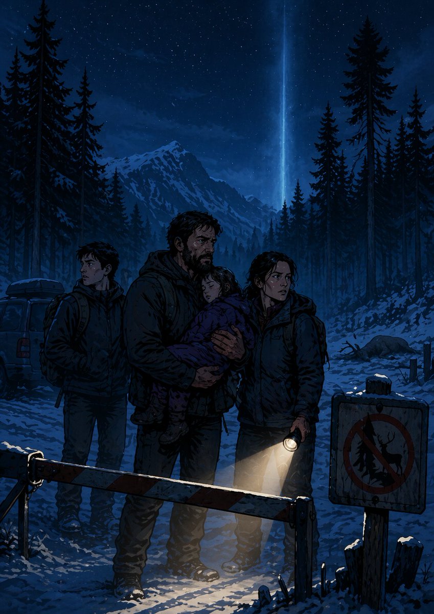 Night Forest Thriller Cover Qwen Image 프롬프트 예시: A dark graphic-novel cover showing four travelers blocked in a snowy forest at night beneath a mysterious blue beam, ideal for...