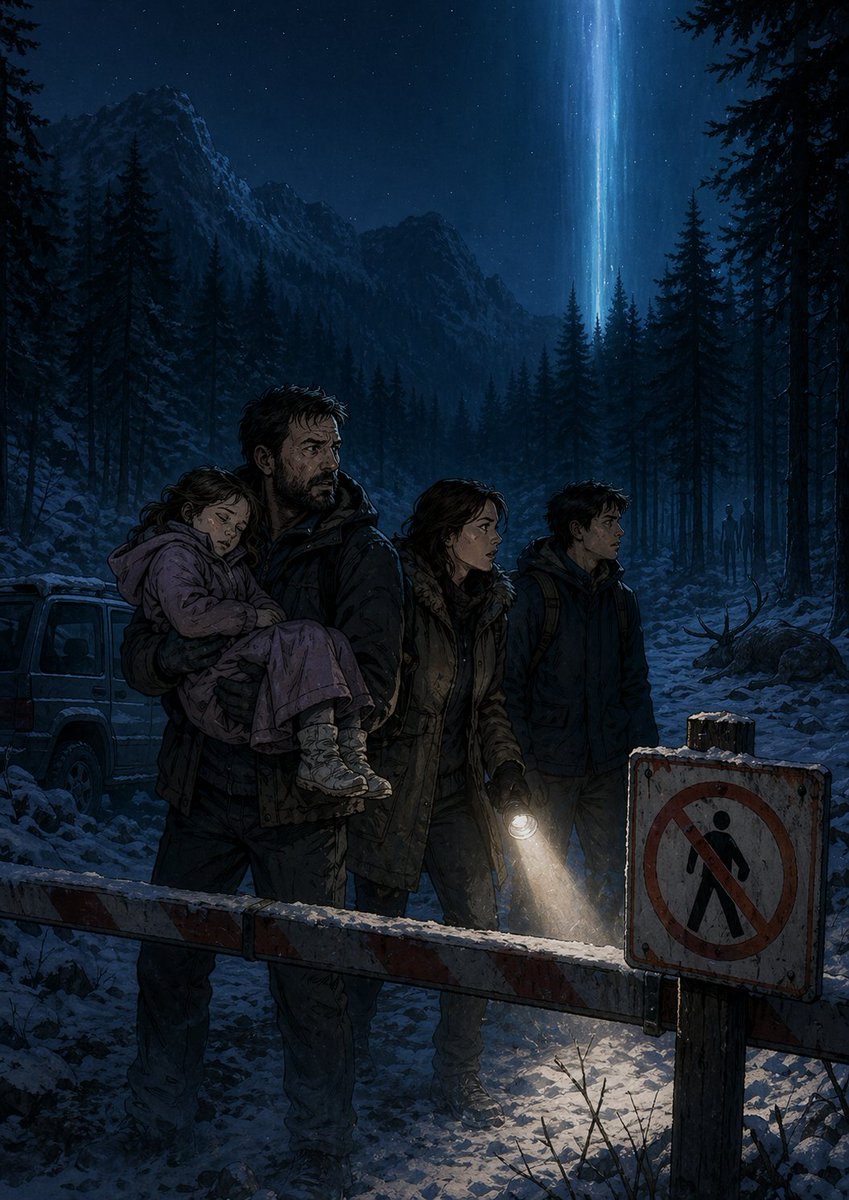 Mystery Forest Barrier Book Cover Qwen Image prompt example: A cinematic winter-thriller cover showing a family group at a forbidden forest checkpoint beneath a supernatural beam...