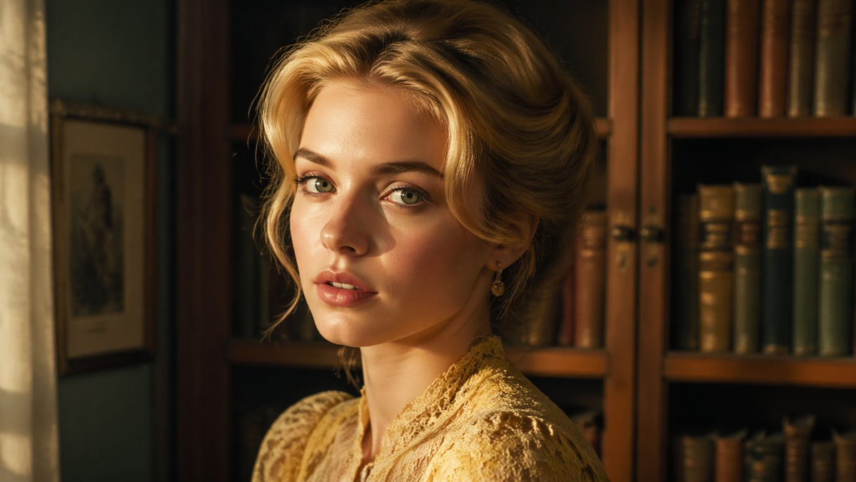 Cinematic Woman in Vintage Library Qwen Image 프롬프트 예시: This prompt generates a warm 16:9 photorealistic period-style portrait of an elegant woman in a book-lined study, suitable...