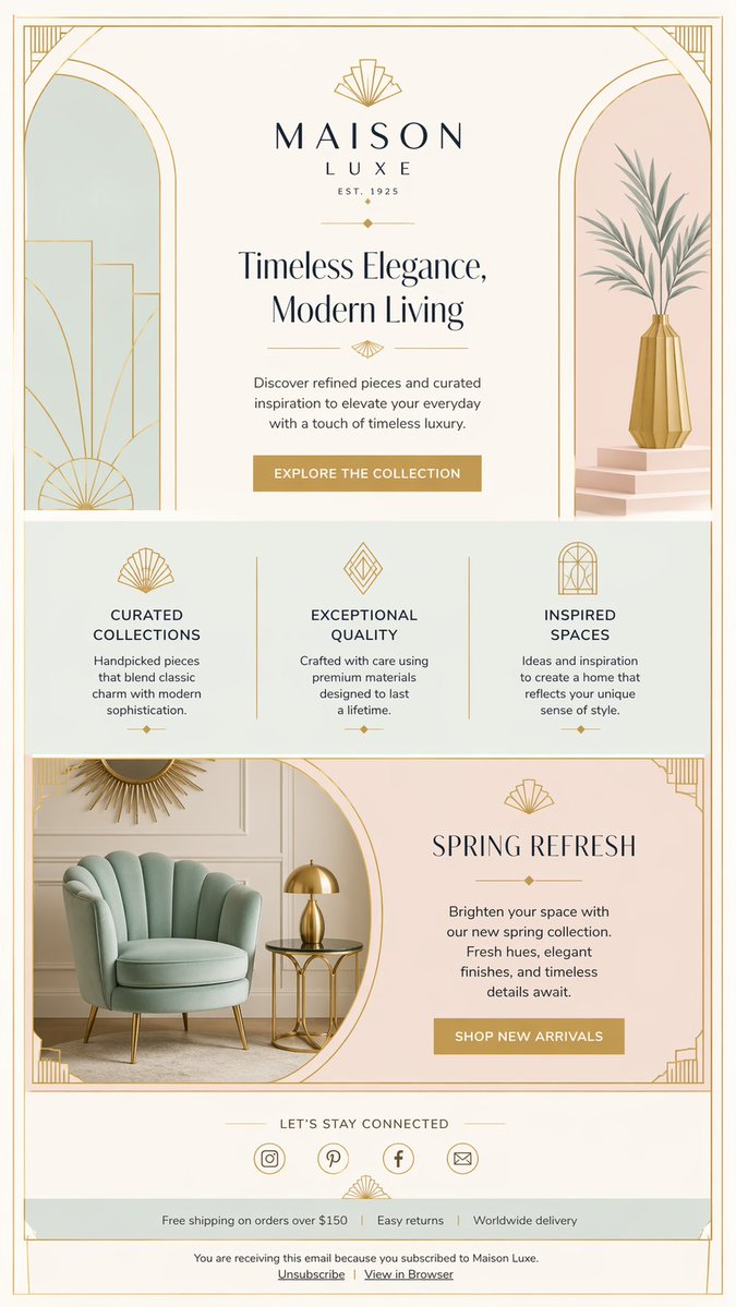 Luxury Art Deco Home Decor Email Qwen Image prompt example: A refined vertical email newsletter mockup for a luxury home decor brand, ideal for recreating premium marketing...