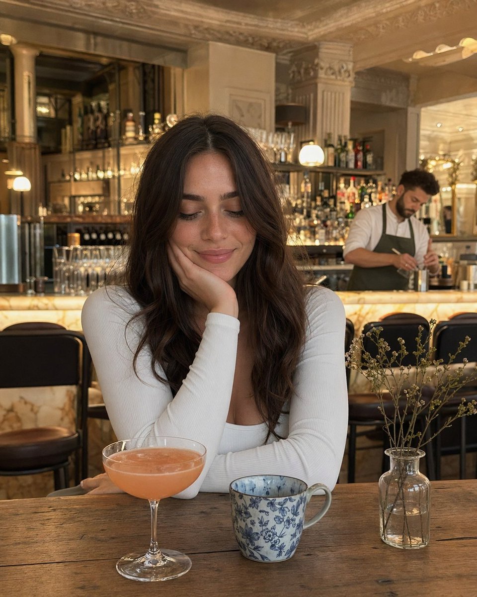 Woman at Elegant Bar Cafe Table GPT Image 2 prompt example: This prompt generates a warm, photorealistic lifestyle portrait of a woman seated at a refined bar-cafe table, ideal...