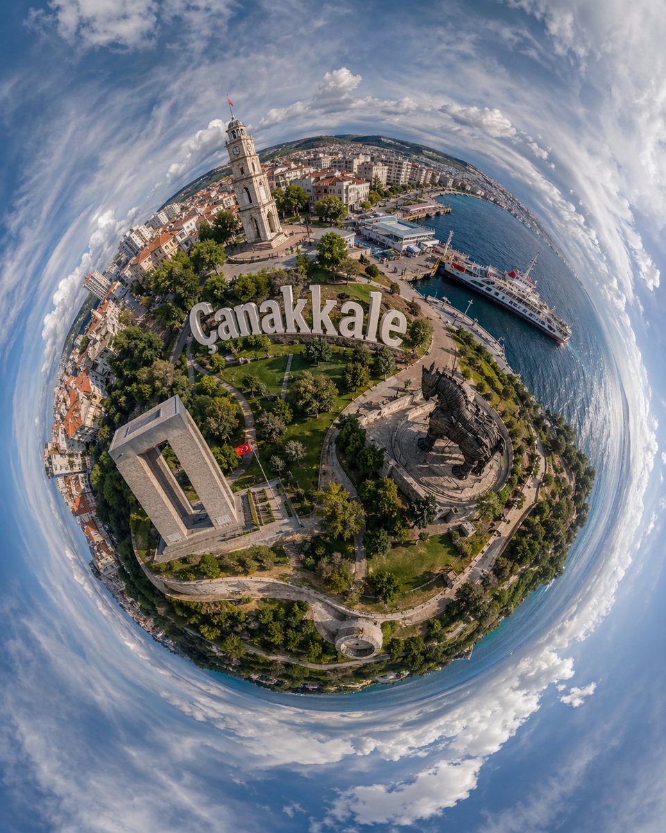 Tiny Planet Aerial of Canakkale Qwen Image prompt example: This prompt generates a realistic 360-degree tiny-planet drone view of Canakkale's waterfront landmarks, ideal for...
