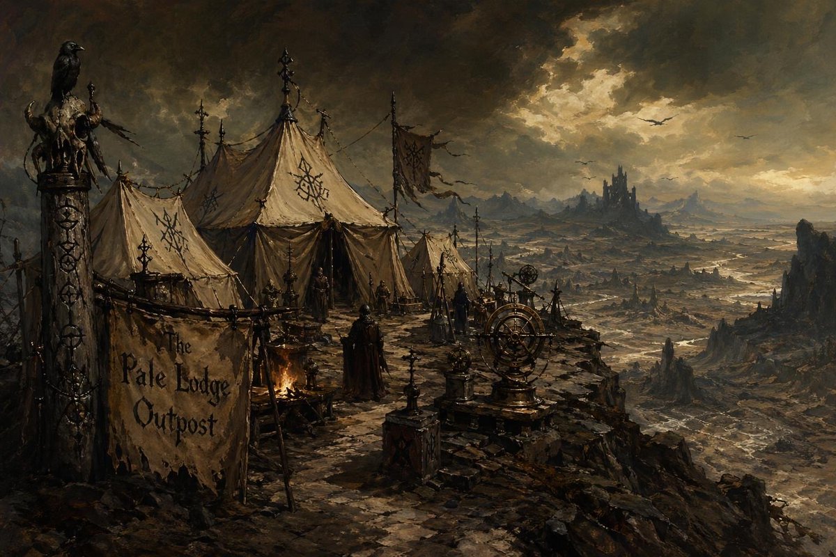 Dark Fantasy Cliffside Outpost のQwen Imageプロンプト例: This prompt generates a moody dark-fantasy landscape painting of a ruined encampment on a cliff, ideal for worldbuilding art,...