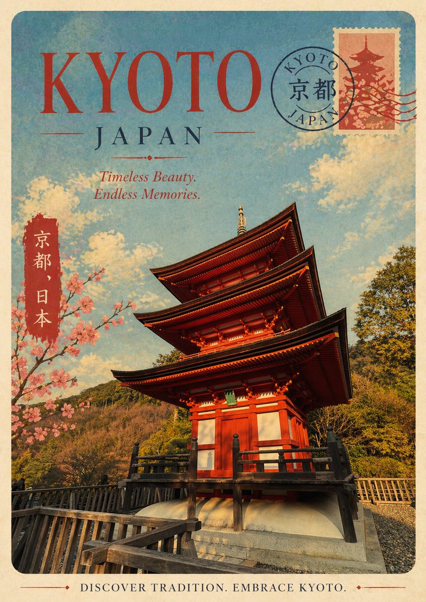 Vintage Kyoto Travel Poster GPT Image 2 prompt example: This prompt generates a retro-style Kyoto tourism poster, ideal for travel art prints, editorial covers, or...