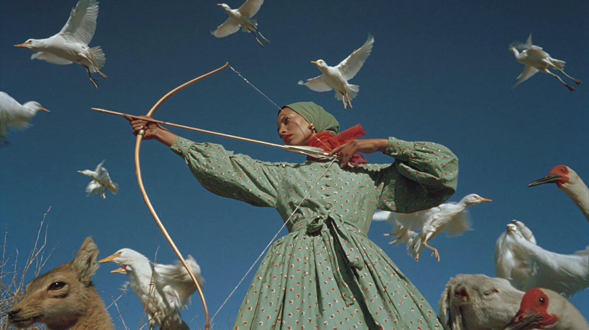 Surreal Archer With Birds and Animals のQwen Imageプロンプト例: This prompt generates a dreamlike cinematic fashion-style portrait of a masked archer surrounded by birds and animals,...