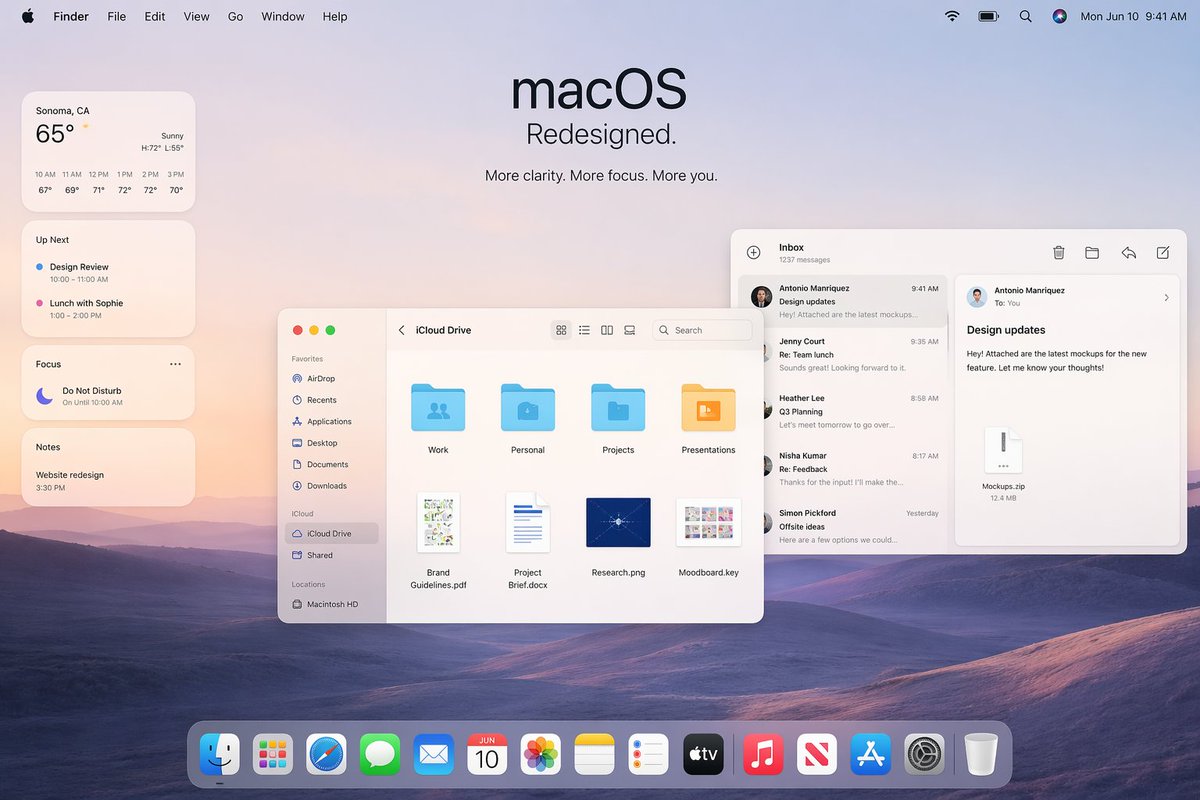 Apple macOS Redesign Promo Mockup のQwen Imageプロンプト例: A sleek Apple-style macOS desktop hero image for keynote slides, product marketing, or UI concept presentations.