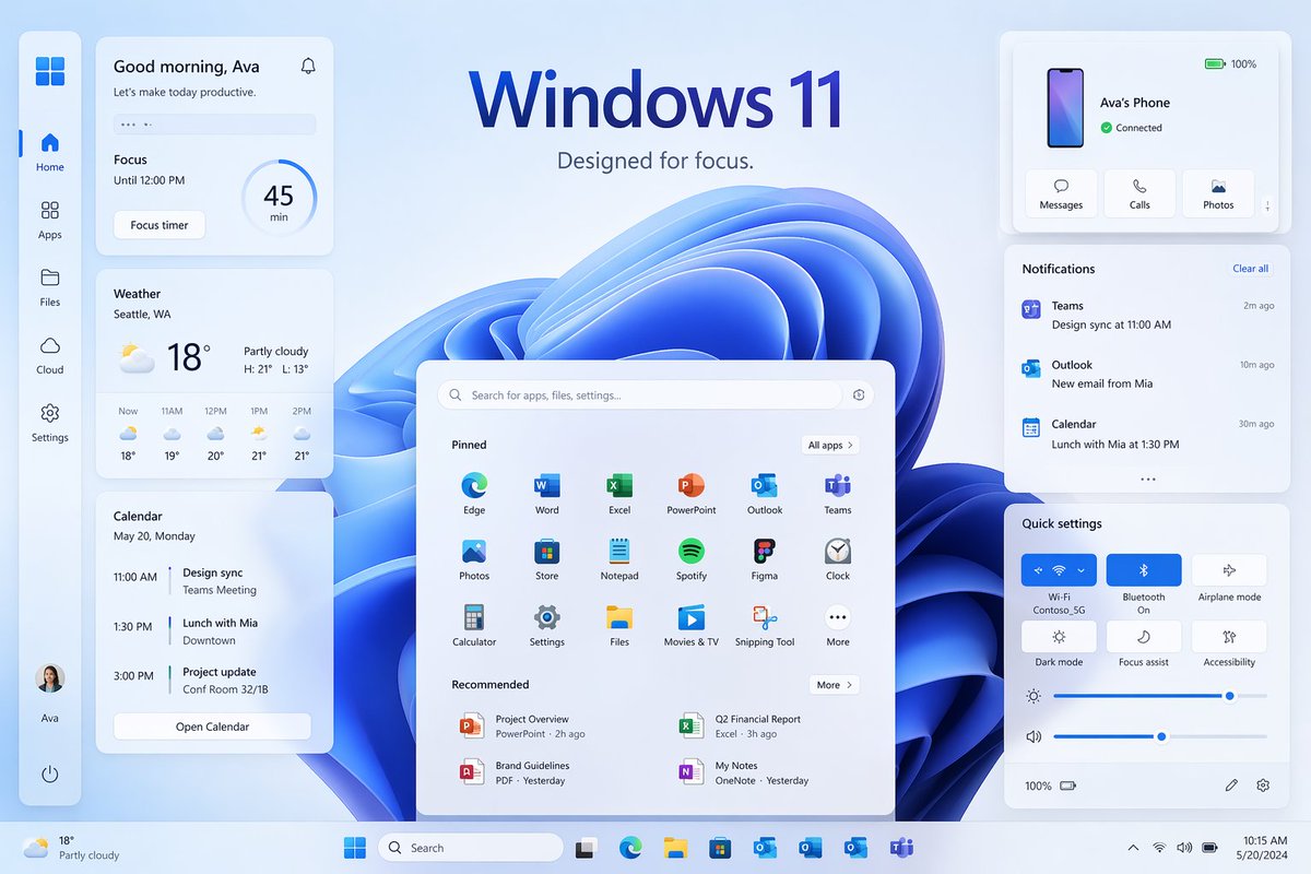 Windows 11 Focus UI Showcase 的 Qwen Image 提示词示例图:A polished Windows 11-style promotional desktop mockup with multiple widgets and panels, ideal for recreating a modern operating...