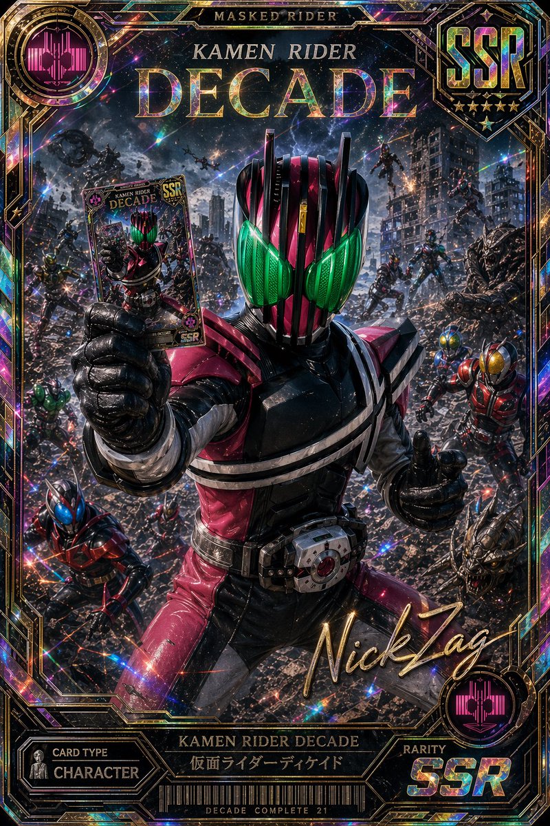 Holographic Kamen Rider Decade SSR Card Qwen Image 프롬프트 예시: This prompt generates a premium holographic tokusatsu trading card featuring Kamen Rider Decade in a dramatic battle...