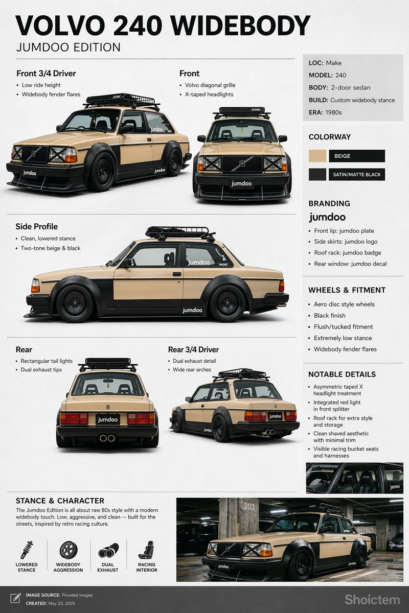 Widebody Volvo 240 Spec Board Qwen Image prompt example variation 2: This prompt generates a clean automotive concept presentation board showing a modified Volvo 240 from six...