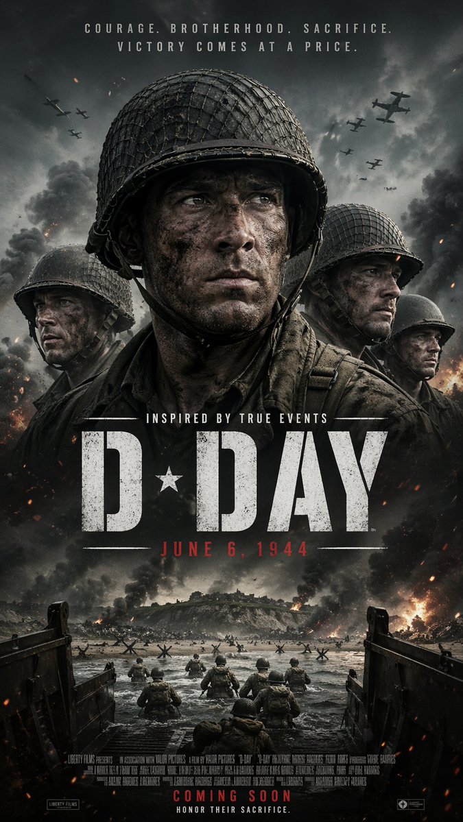 WWII D-Day Cinematic Poster GPT Image 2 prompt example: A dark, photoreal war movie poster showing four WWII soldiers above a beach landing scene, ideal for generating dramatic...
