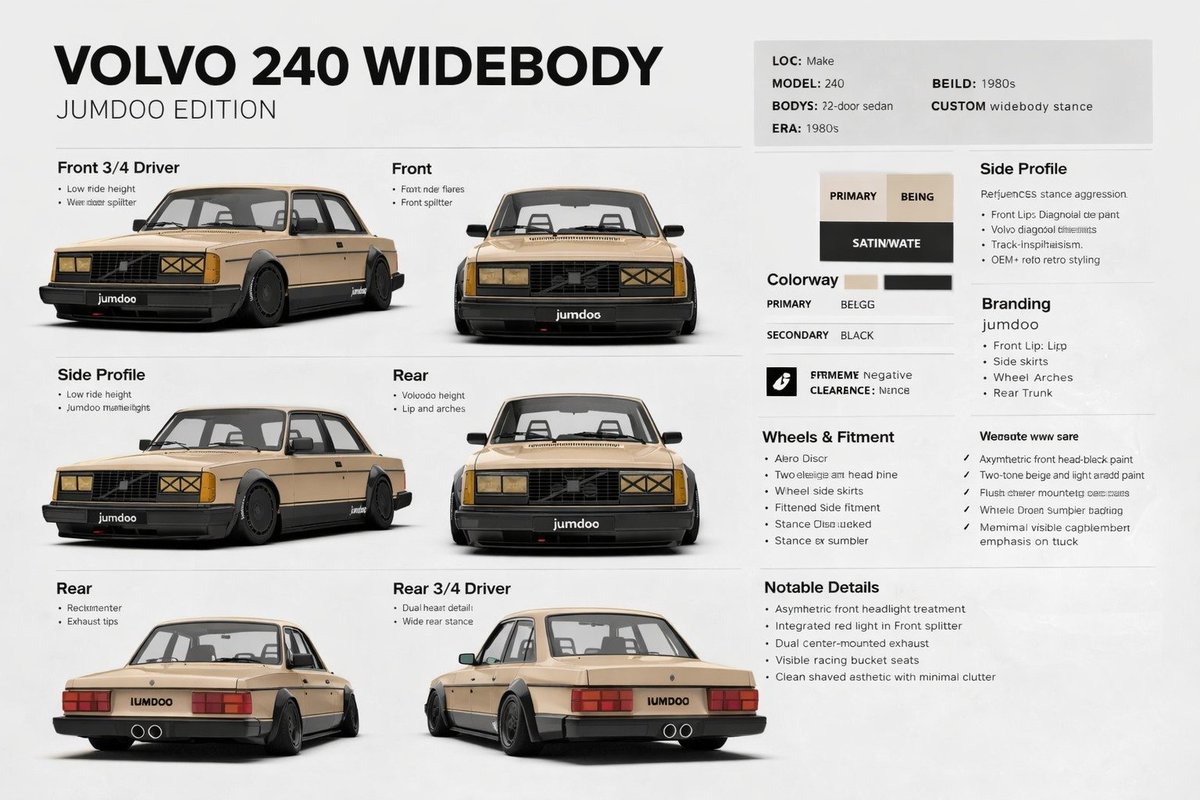Widebody Volvo 240 Spec Board Qwen Image prompt example: This prompt generates a clean automotive concept presentation board showing a modified Volvo 240 from six angles with...