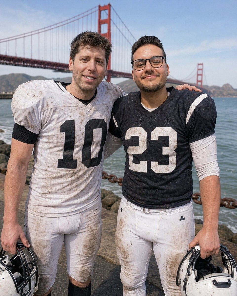 Football Teammates at Golden Gate Bridge 的 Qwen Image 提示词示例图:This prompt generates a realistic post-game portrait of two muddy football players posing by the water with the...