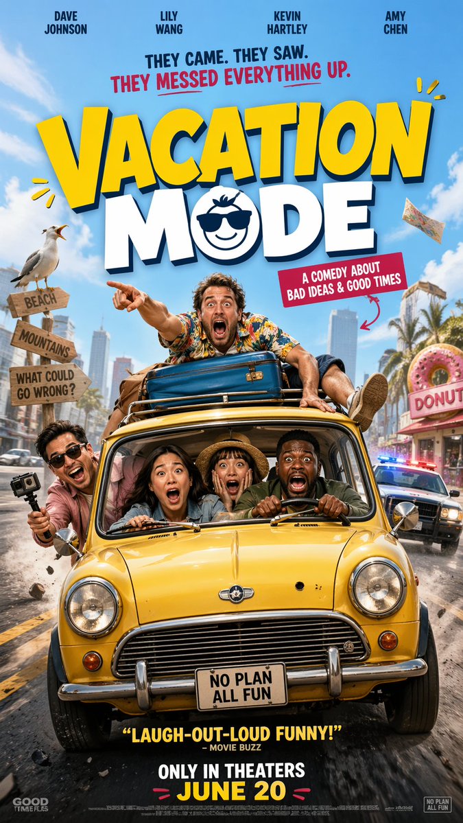 Chaotic Road Trip Comedy Poster 的 Qwen Image 提示词示例图:This prompt generates a polished theatrical poster for a fast-paced ensemble vacation comedy, ideal for parody film key art or...
