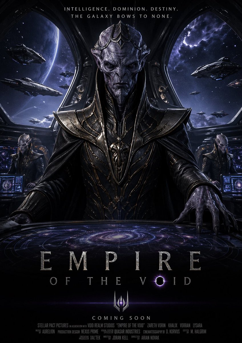 Dark Space Emperor Movie Poster Qwen Image 프롬프트 예시: A cinematic sci-fi poster showing an armored alien ruler on a starship bridge, ideal for blockbuster space-opera key art and...