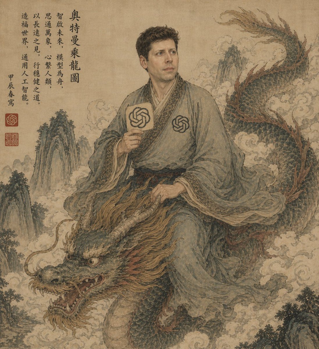 Ancient Scroll Scholar Riding Dragon Qwen Image prompt example: This prompt generates a classical Chinese scroll-style fantasy portrait of a robed scholar on a dragon with...