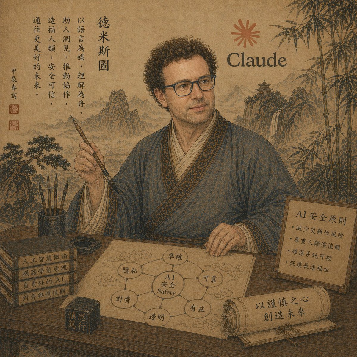Ancient Scholar AI Safety Poster GPT Image 2 prompt example: This generates a parchment-style classical Chinese scholar poster with Claude branding and AI safety symbolism,...