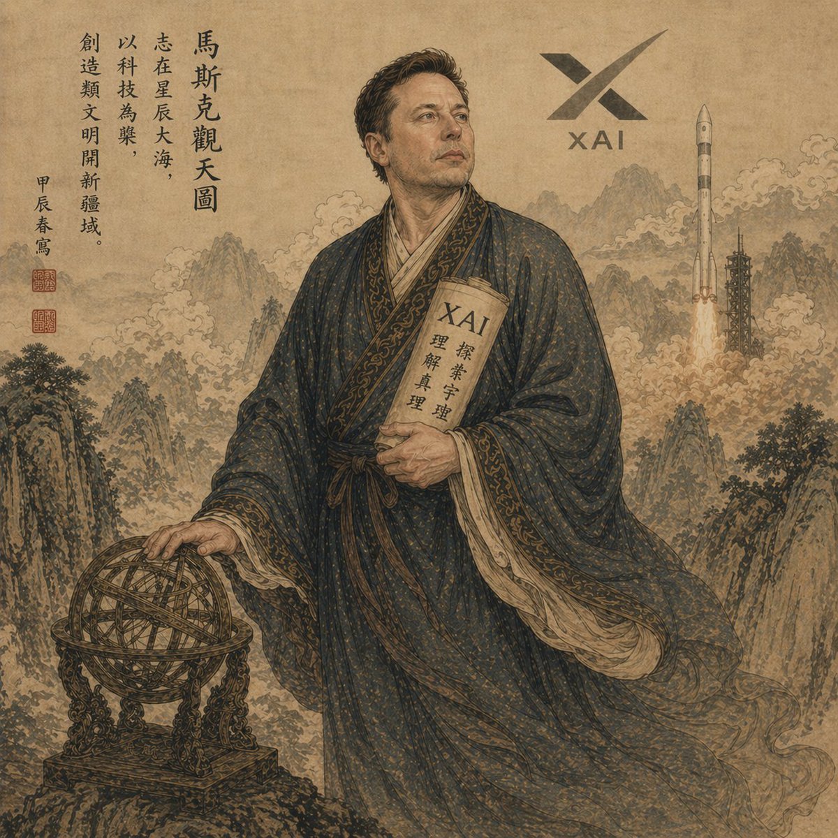 Classical Chinese Scholar with XAI Motif のQwen Imageプロンプト例: This prompt generates a faux-ancient Chinese scroll painting that blends a robed scholar portrait with XAI branding, a...