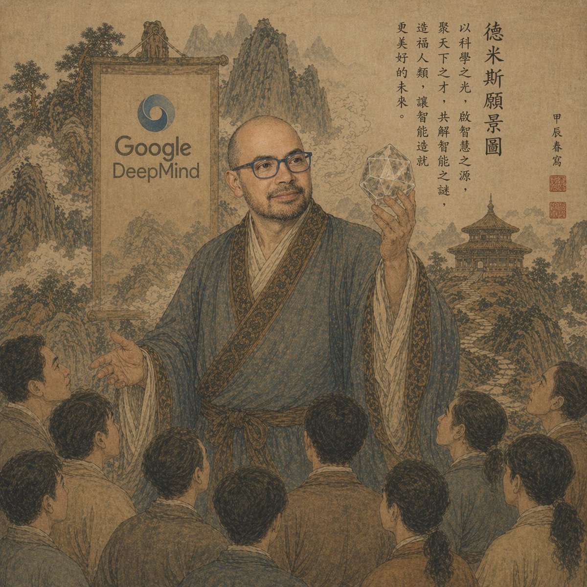 Ancient Scroll Google DeepMind Vision GPT Image 2 prompt example: This prompt generates a faux-classical Chinese scroll painting that satirically portrays Google DeepMind as a...