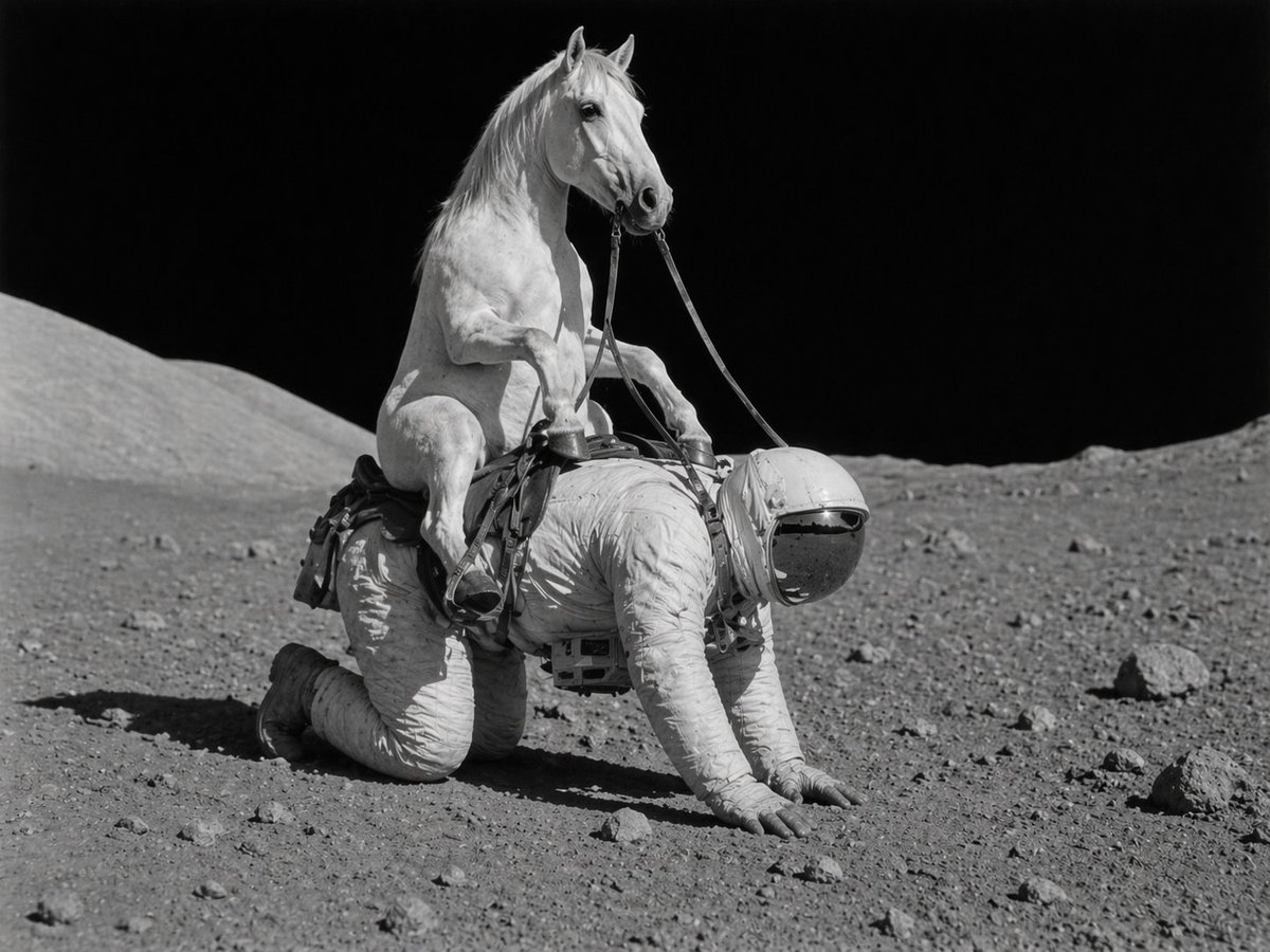 Surreal Lunar Horse Rider Qwen Image prompt example: A photoreal black-and-white surreal scene of a horse riding an astronaut on the moon, ideal for absurdist fine-art or retro...