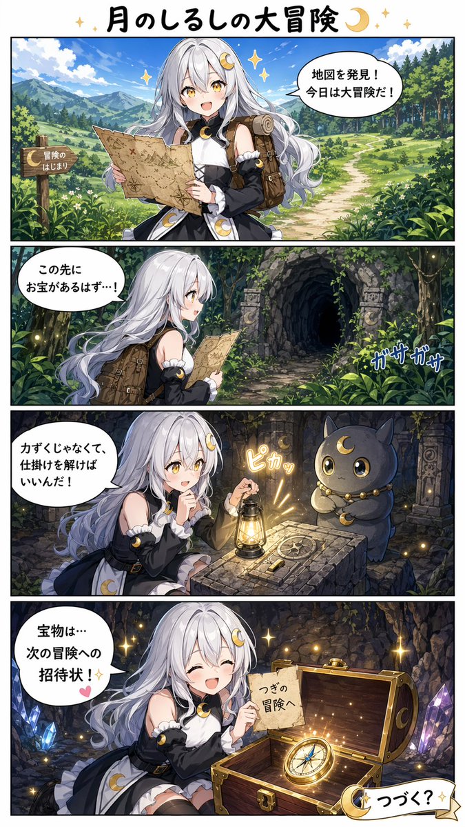 Moon Mark Adventure Comic Page Qwen Image prompt example: A four-panel fantasy anime comic page showing a silver-haired moon-themed girl discovering a map, solving a cave puzzle,...