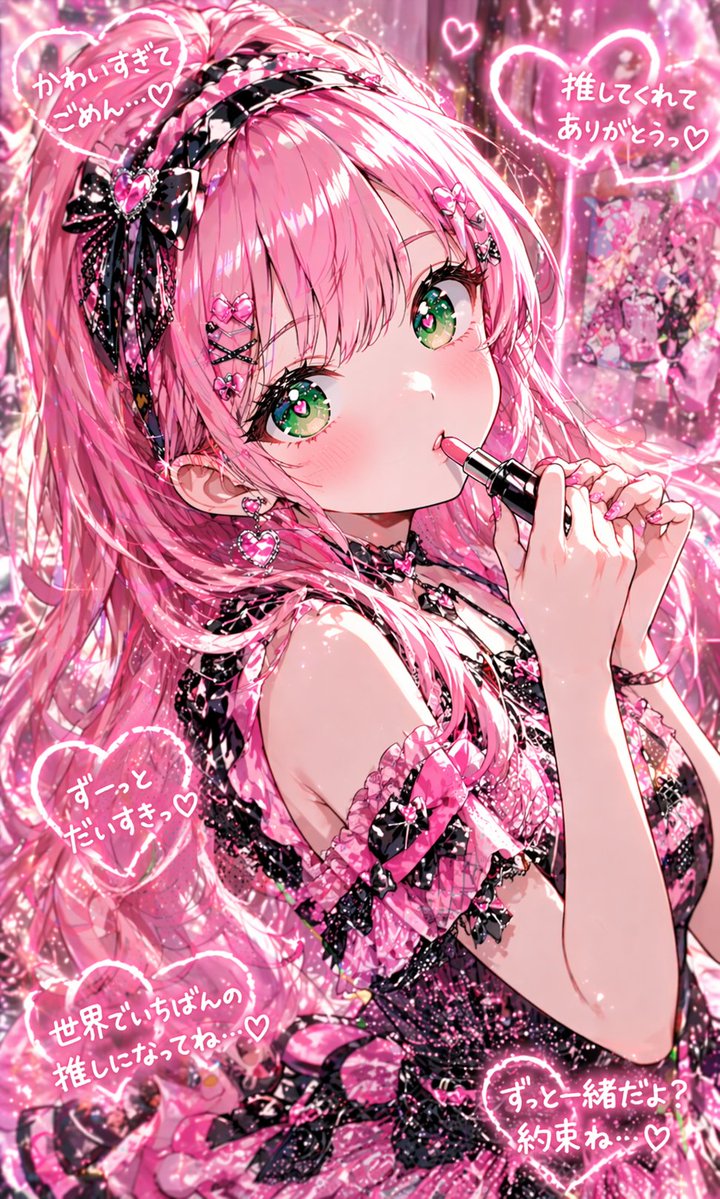 Pink Kawaii Idol Lipstick Portrait GPT Image 2 prompt example: This prompt generates a sparkling anime idol-style portrait for posters, social media art, or cute character key...