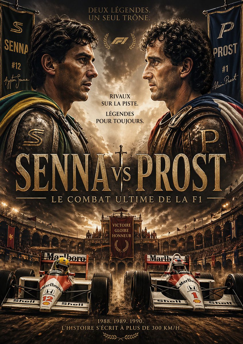 Epic Senna vs Prost Gladiator Poster Qwen Image prompt example: A dramatic vintage-style motorsport poster depicting Senna and Prost as mythic gladiator rivals, ideal for...